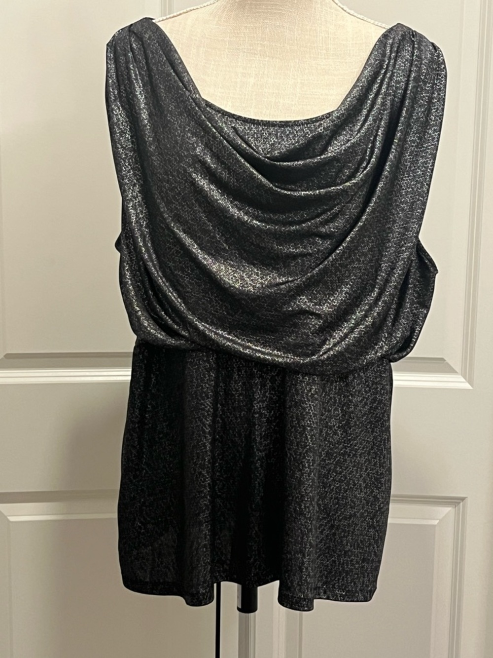 Metallic Black Gray Sleeveless Shimmery Blouse Draped Neck Size 16W-18W Party